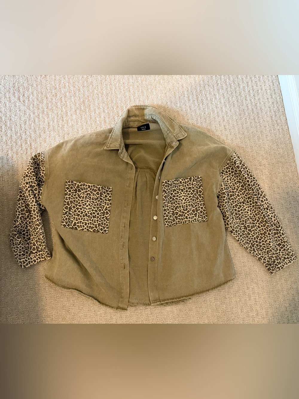 Vici Olive Corduroy Shacket with Leopard Sleeves